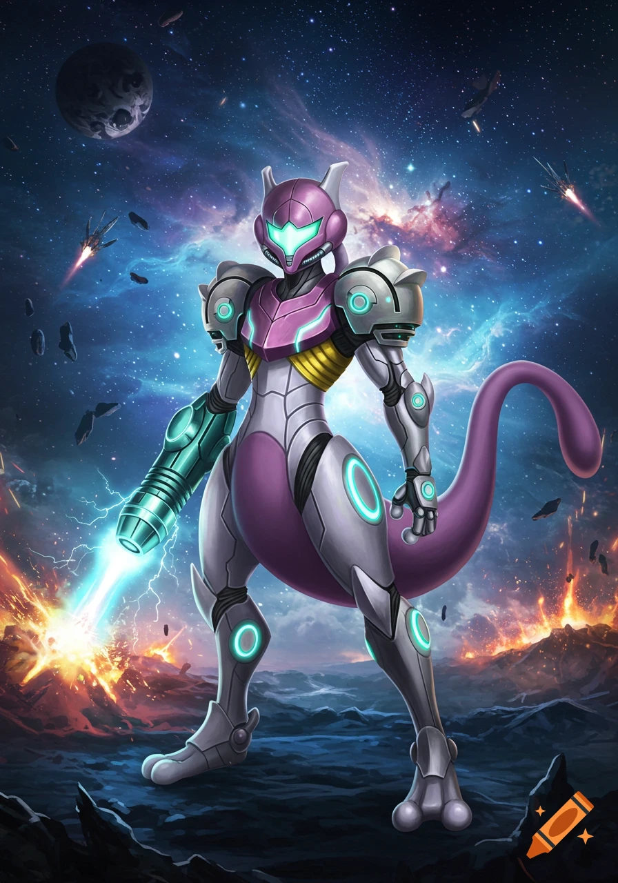 Mewtwo in Samus Aran's purple and silver armored Varia Suit, wielding an arm cannon on a rocky alien planet with space battles.