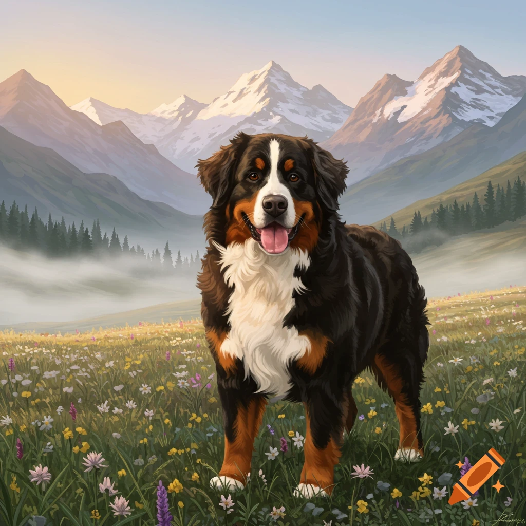 A happy Bernese Mountain Dog stands in a colorful flower meadow with misty mountains and a golden sky at dawn.