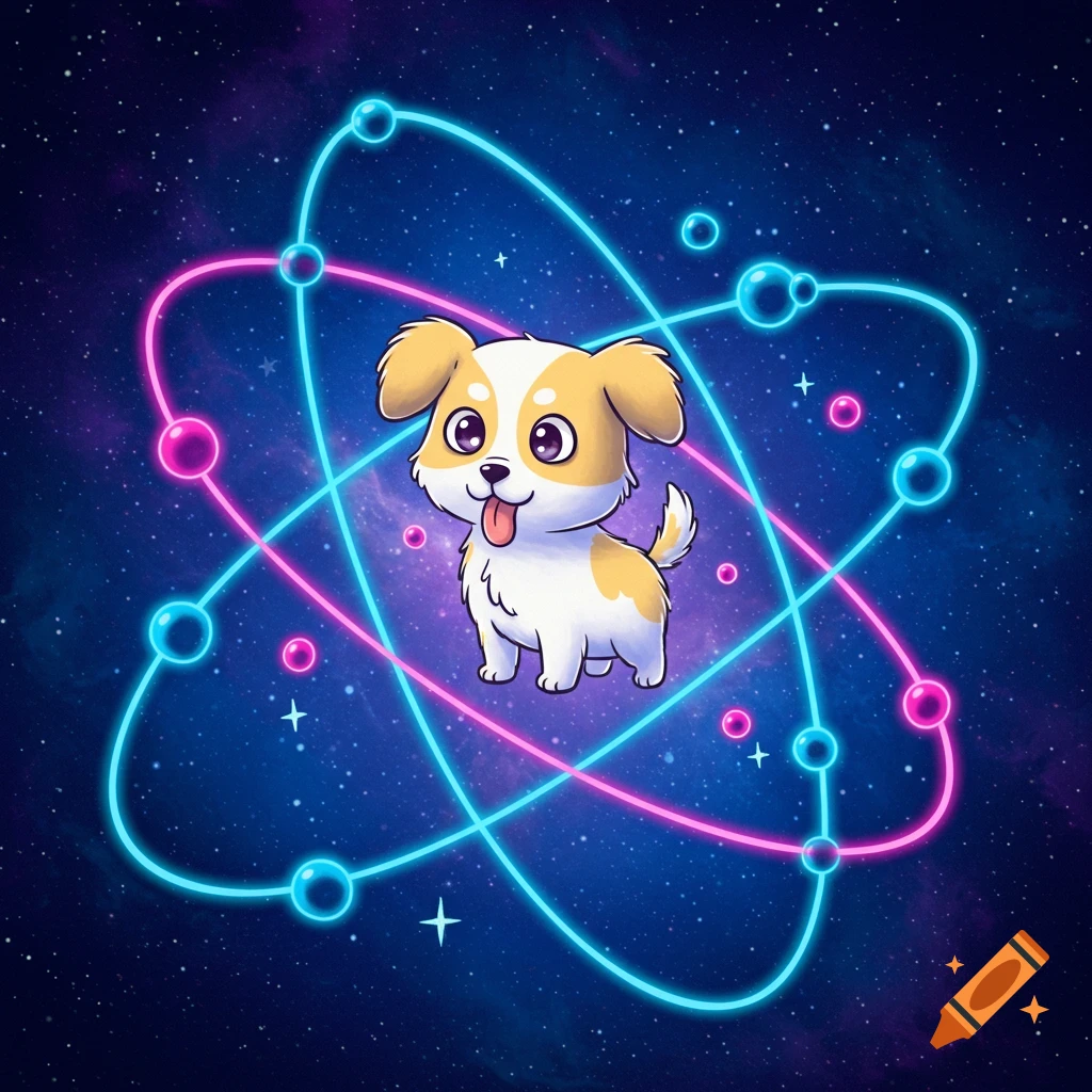 A cute cartoon puppy with a floppy tongue, centered within glowing neon pink and blue atomic orbits against a starry cosmic background.