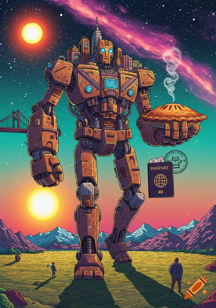 A giant, city-like robot holds an apple pie and a passport in a psychedelic landscape with two suns and a starry sky in an illustrative style.