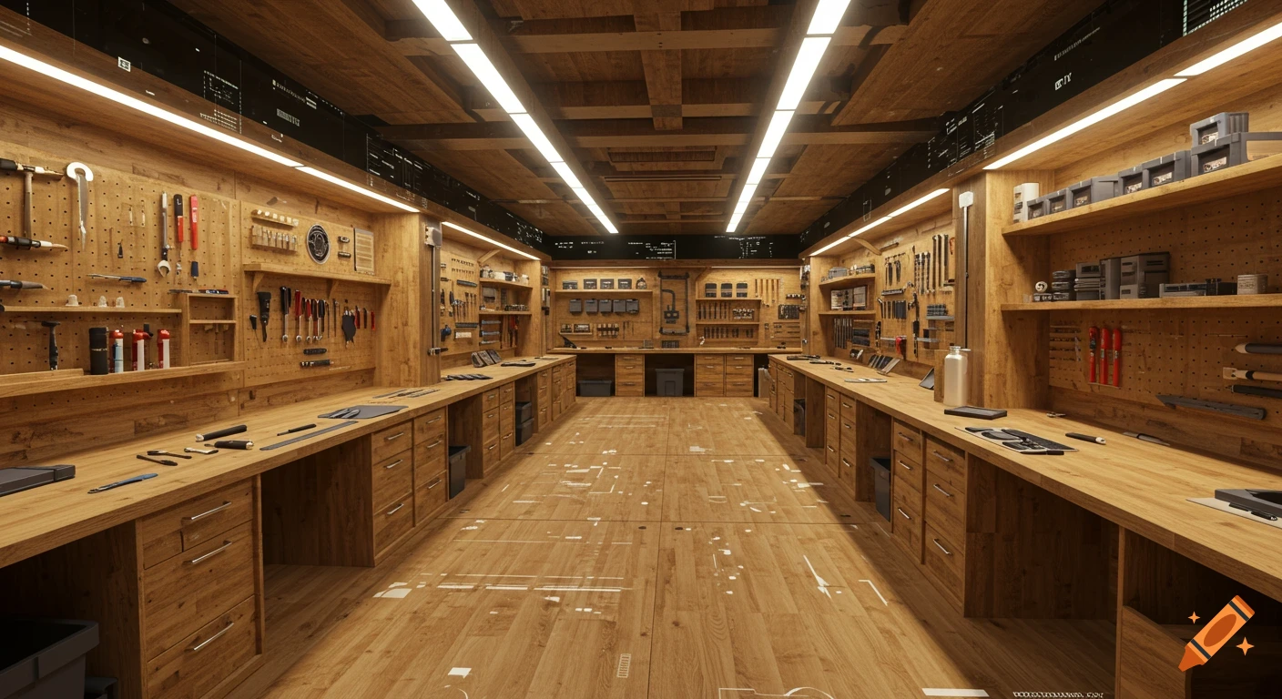 A neat, wide view of a modern workshop with wooden walls, pegboards, shelves, and workbenches loaded with various tools, featuring glowing virtual reality patterns on the floor and dark panels above.