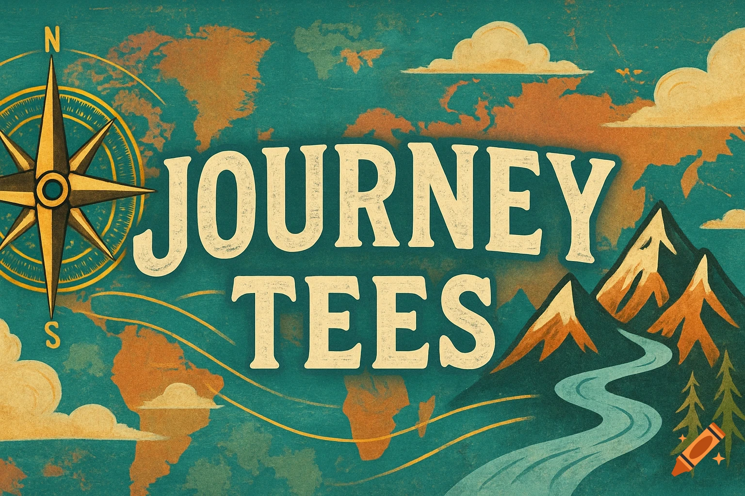 Vintage-style banner with a world map, compass, mountains, river, and clouds, featuring the text 'JOURNEY TEES'.