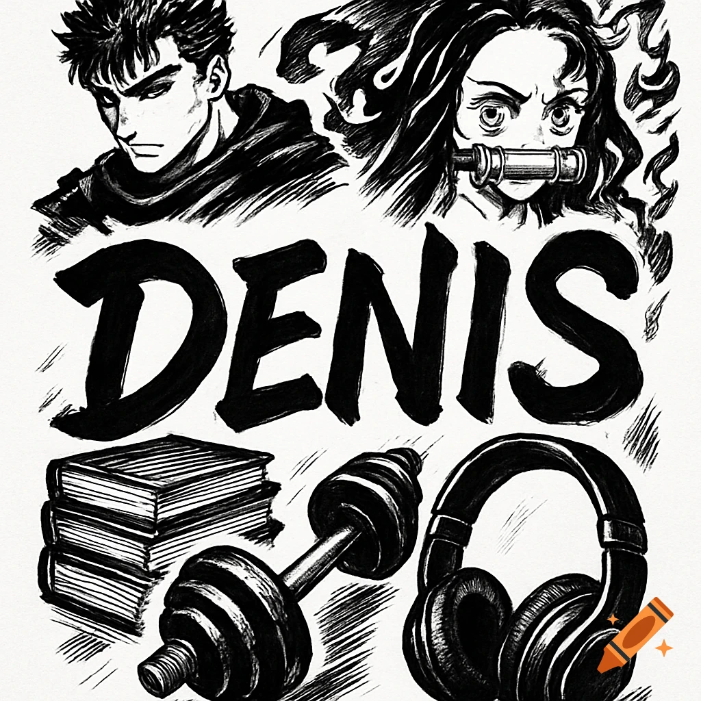 Black and white anime-style illustration of Guts and Nezuko, with the name DENIS, books, a dumbbell, and headphones.