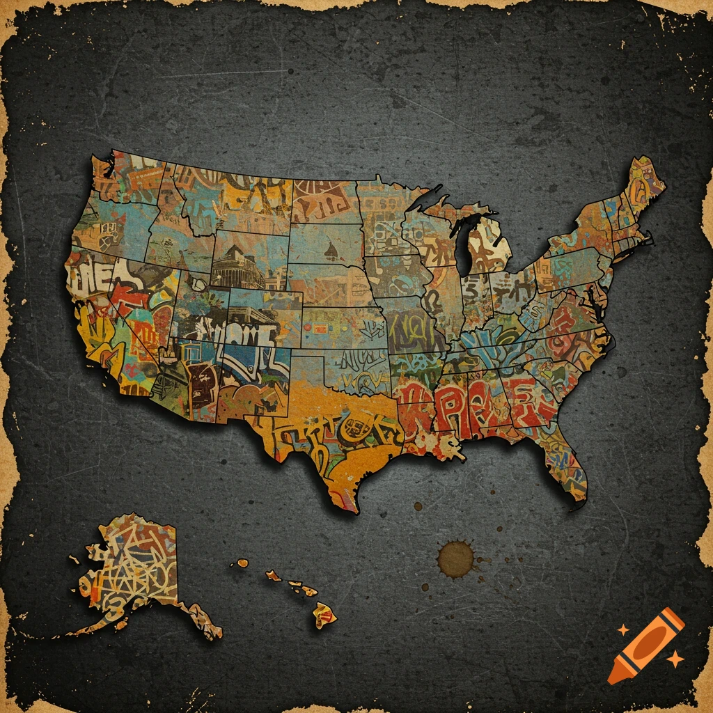 A grunge-style map of the United States, Alaska, and Hawaii covered in colorful graffiti, set on a dark distressed background.
