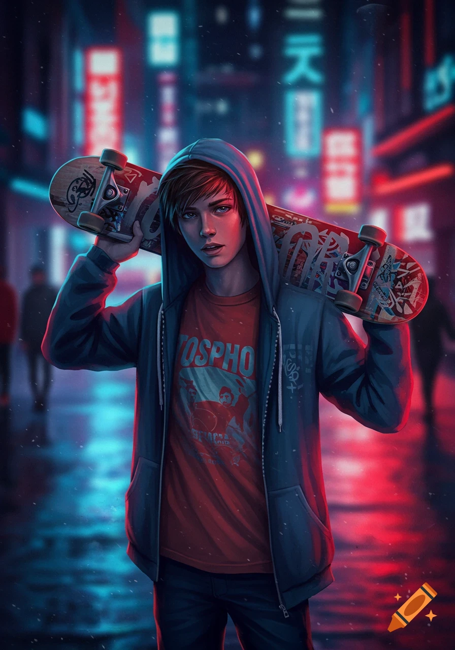A stylized digital illustration of a young man with a skateboard over his shoulder, standing in a neon-lit city street at night. He wears a blue hoodie and a red t-shirt.