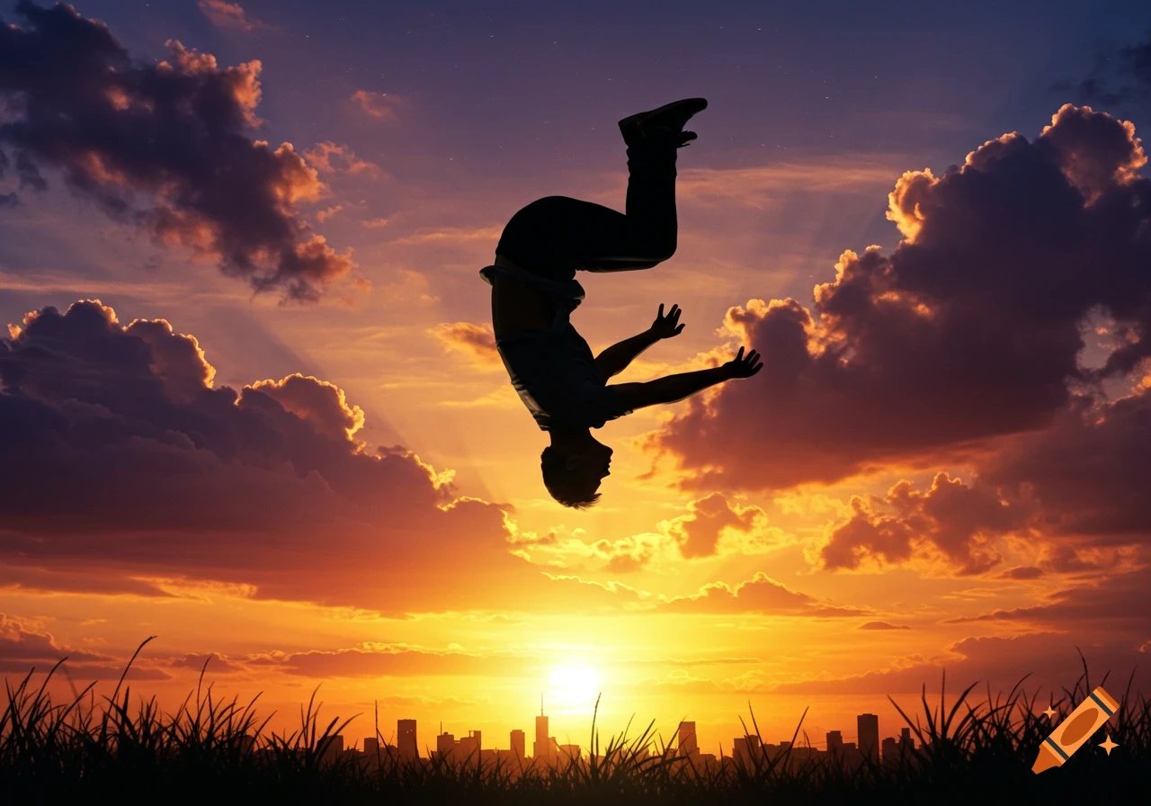 Silhouette of a man doing a backflip against a vibrant orange and purple sunset over a city skyline.