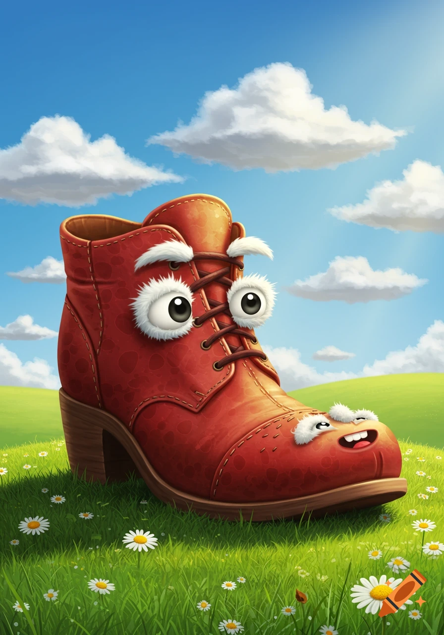 A whimsical cartoon red boot with googly eyes and a mouth stands in a grassy field with white daisies under a blue sky.