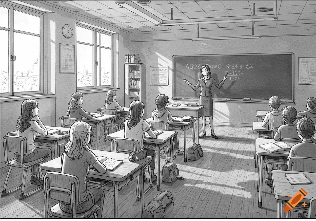 Black and white illustration of a teacher instructing students in a sunlit classroom.