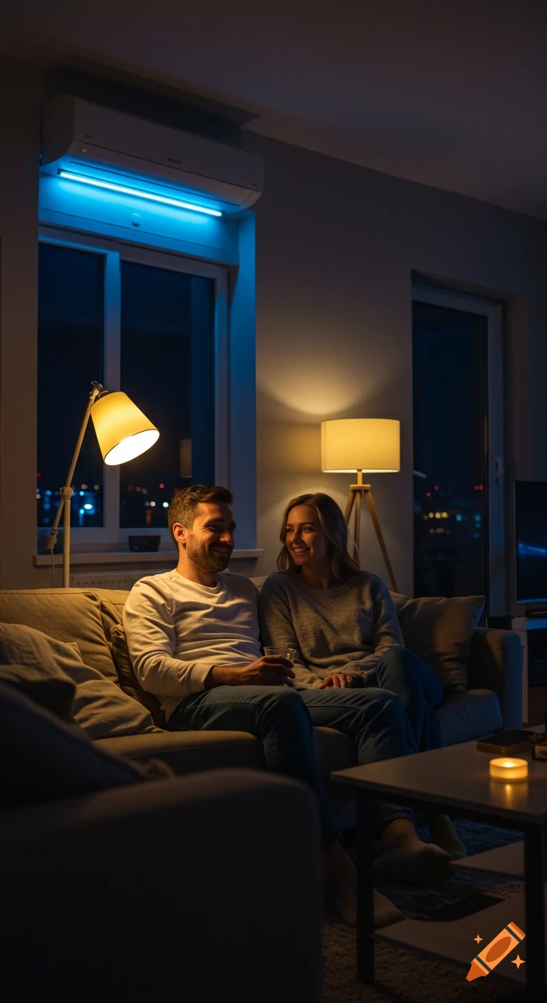 Photorealistic image of a man and woman sitting on a sofa in a dimly lit, cozy living room at night, smiling at each other.