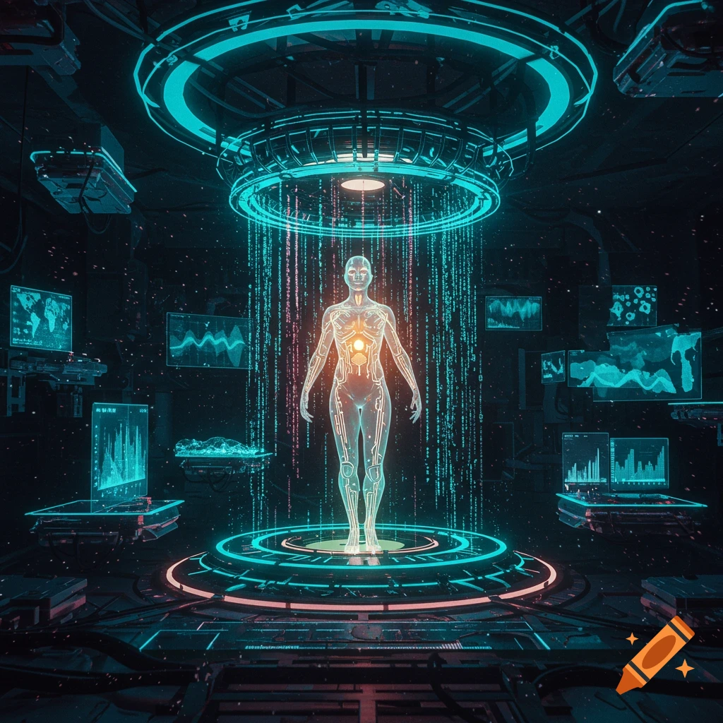 A glowing holographic human figure on a platform in a dark, futuristic sci-fi lab with data streams and numerous screens.