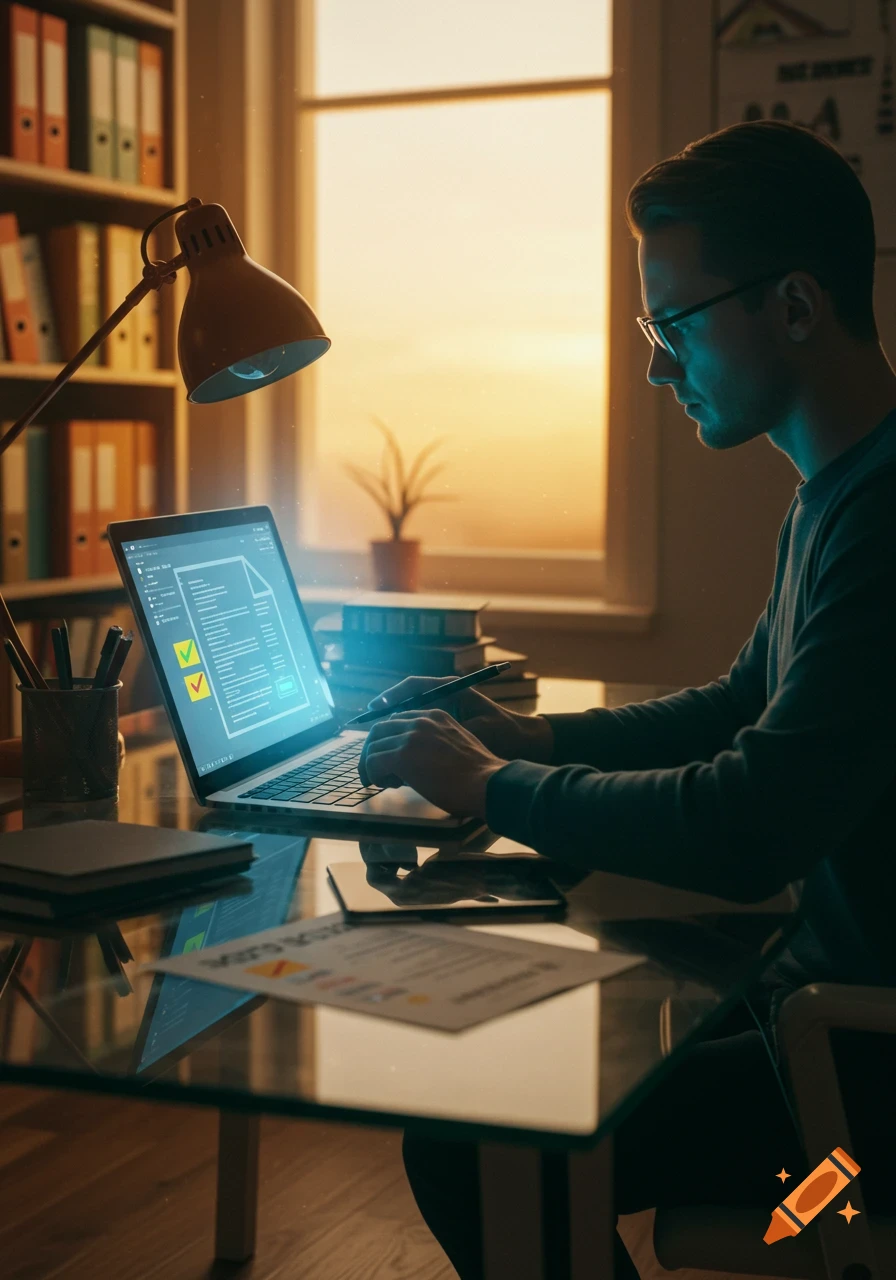 A man wearing glasses works intently on a laptop at a glass desk in a dimly lit room, with warm sunset light streaming through a window in the background and a bookshelf to his left. He holds a stylus over the laptop screen, which displays a document with text and checkmarks.