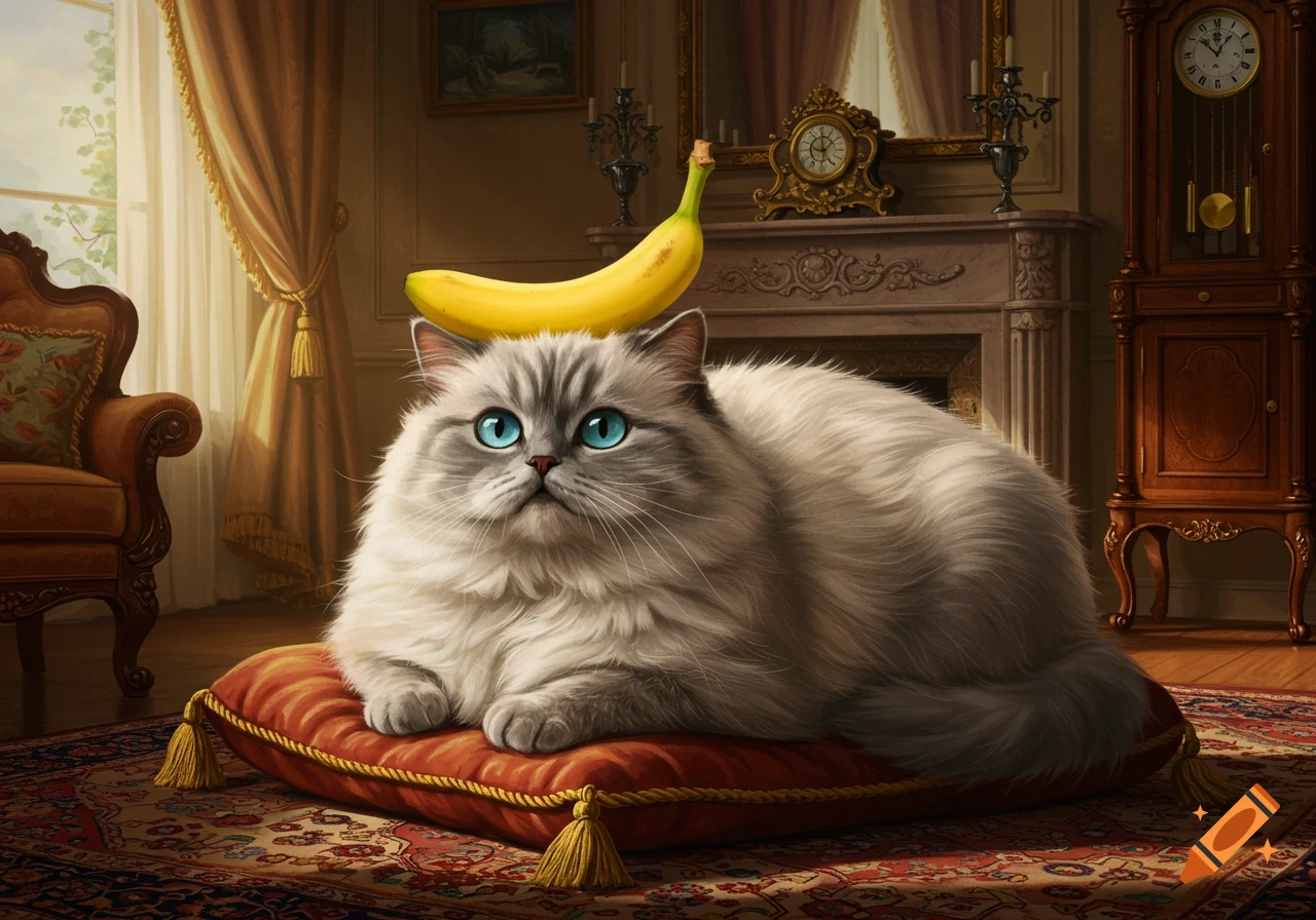 Photorealistic fluffy cat with blue eyes and a banana on its head, sitting on a red cushion in an ornate room.