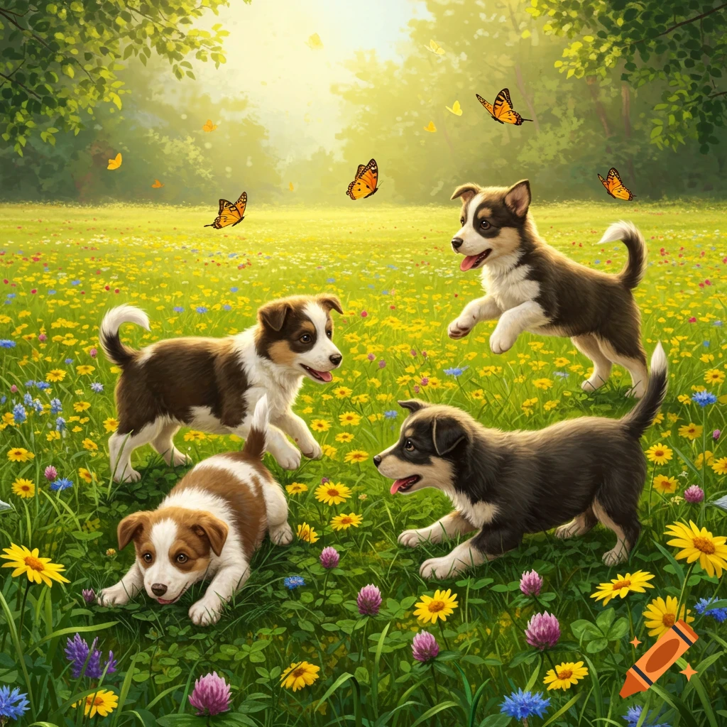 Four adorable puppies play in a vibrant, sunny meadow filled with yellow and purple flowers as butterflies flutter around them.