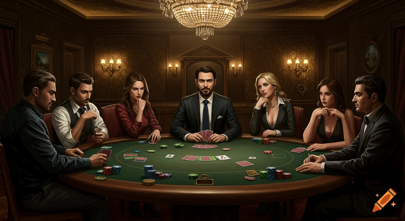 A group of six well-dressed people, three men and three women, sit around a green oval poker table under a grand chandelier in a luxurious, dark wood-paneled room, intently playing cards.