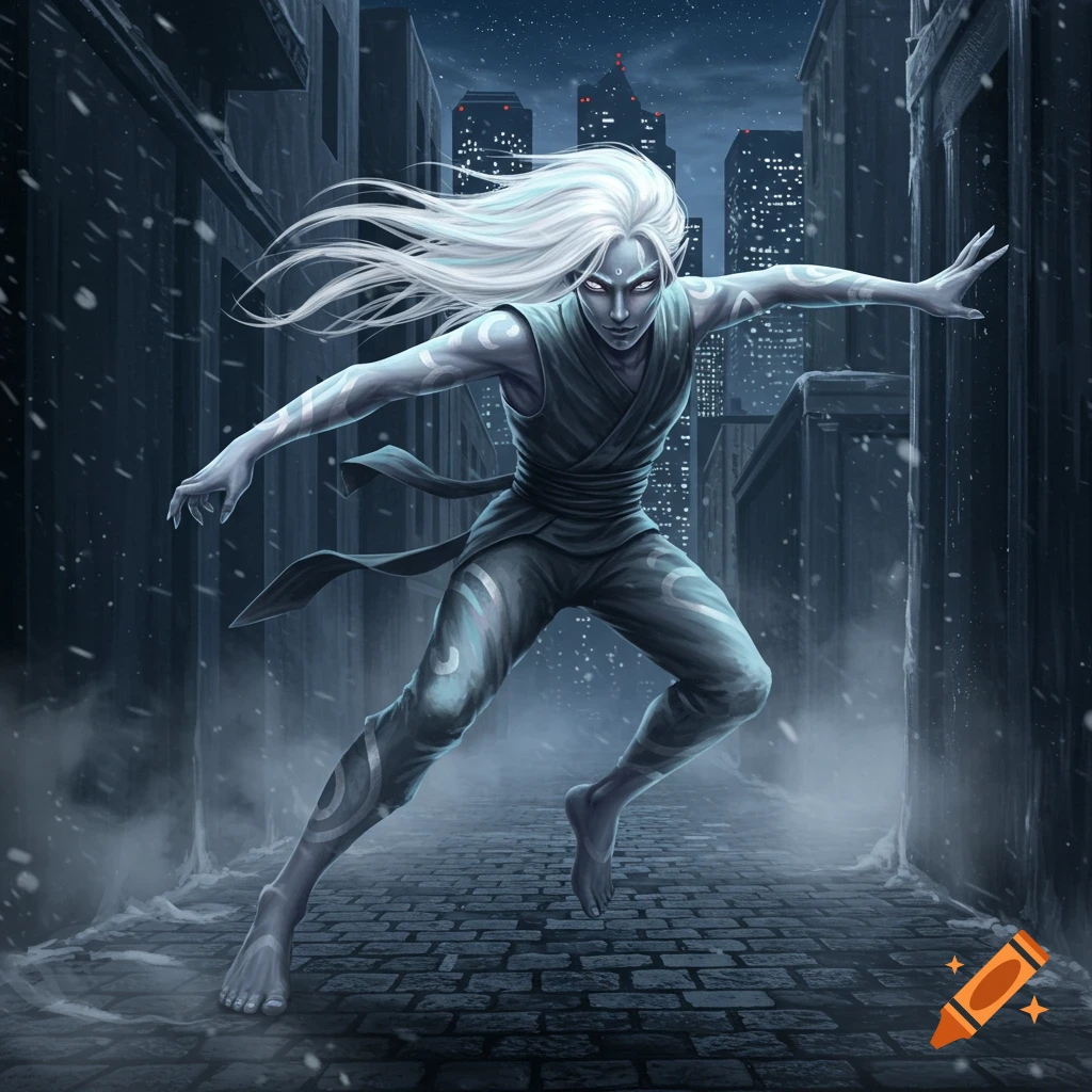 A pale, white-haired, grey-skinned ninja-like figure with glowing eyes lunges forward in a snowy city alley at night, city lights visible in the background.