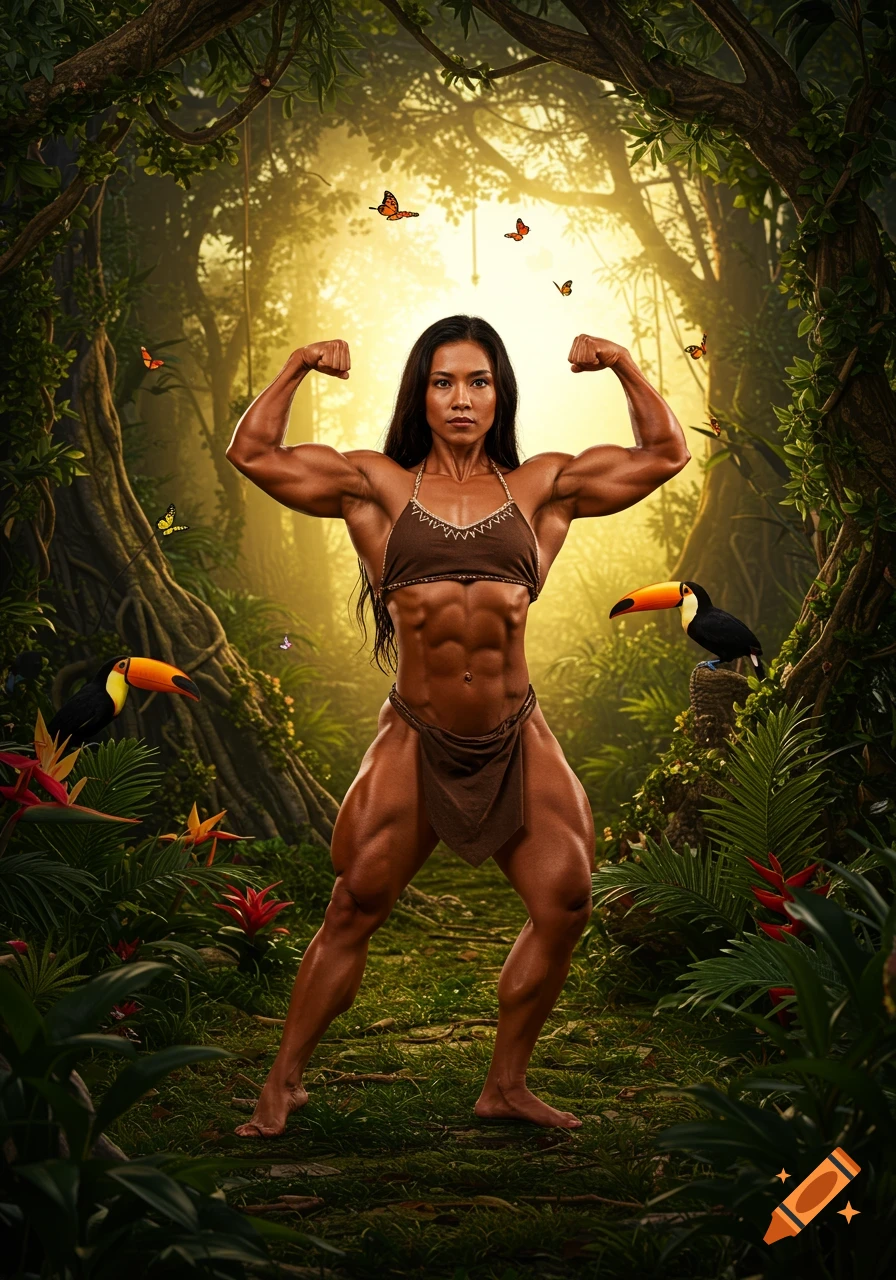A short, muscular Latina woman in a brown loincloth and top flexes her biceps in a lush jungle with toucans and butterflies.