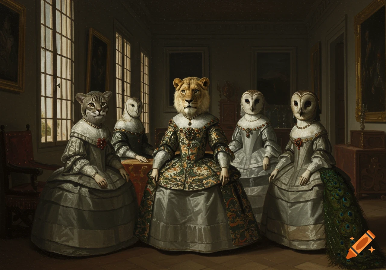 Oil painting of a cat, a lion, and three owls in 17th-century gowns in an ornate room.