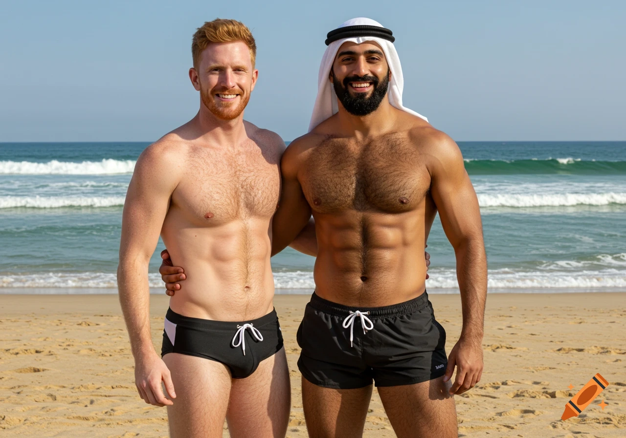 A smiling ginger man in swim briefs stands next to a smiling Arab man in swim shorts and a ghutra on a sunny beach, with the ocean in the background.