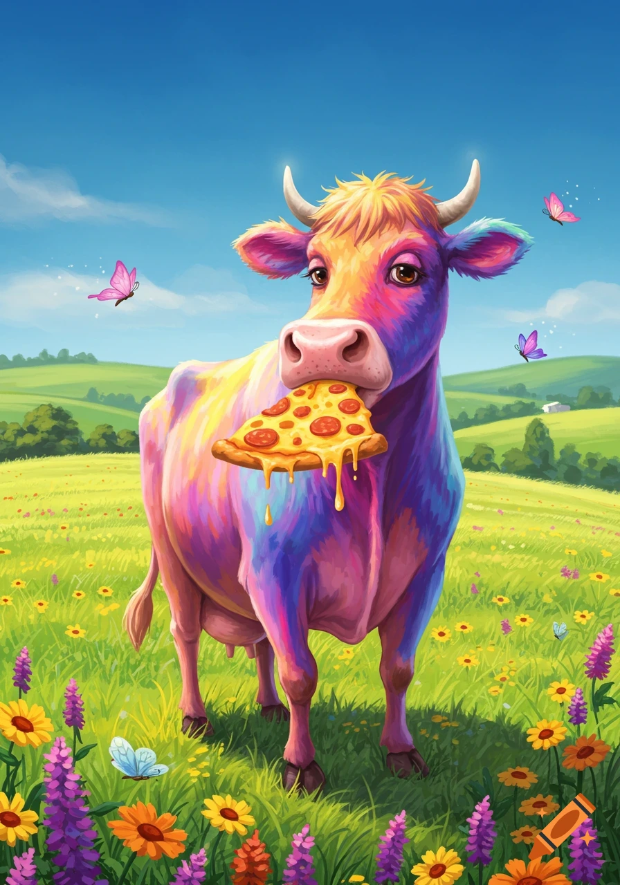 A vibrantly colored rainbow cow stands in a flowery green field, holding a cheesy slice of pizza in its mouth as butterflies flutter around.