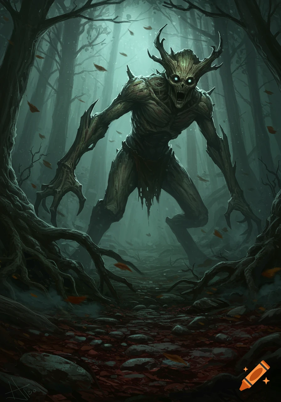 A menacing, tree-like monster with glowing eyes and horns stands in a dark, misty forest with gnarled roots and falling leaves.