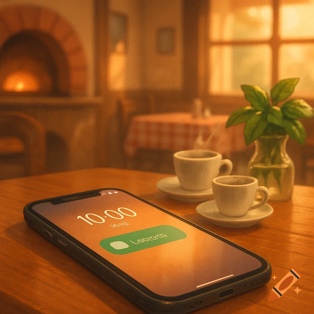 A close-up of a smartphone displaying '10:00' on a wooden table, next to steaming coffee cups and a plant in a warm-lit cafe.