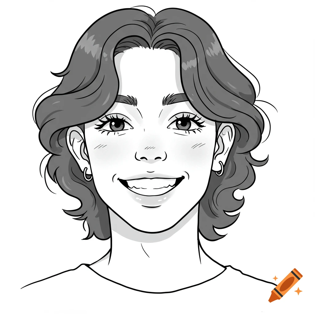 A black and white minimalist cartoon portrait of a smiling young person with wavy hair, long eyelashes, and visible teeth.