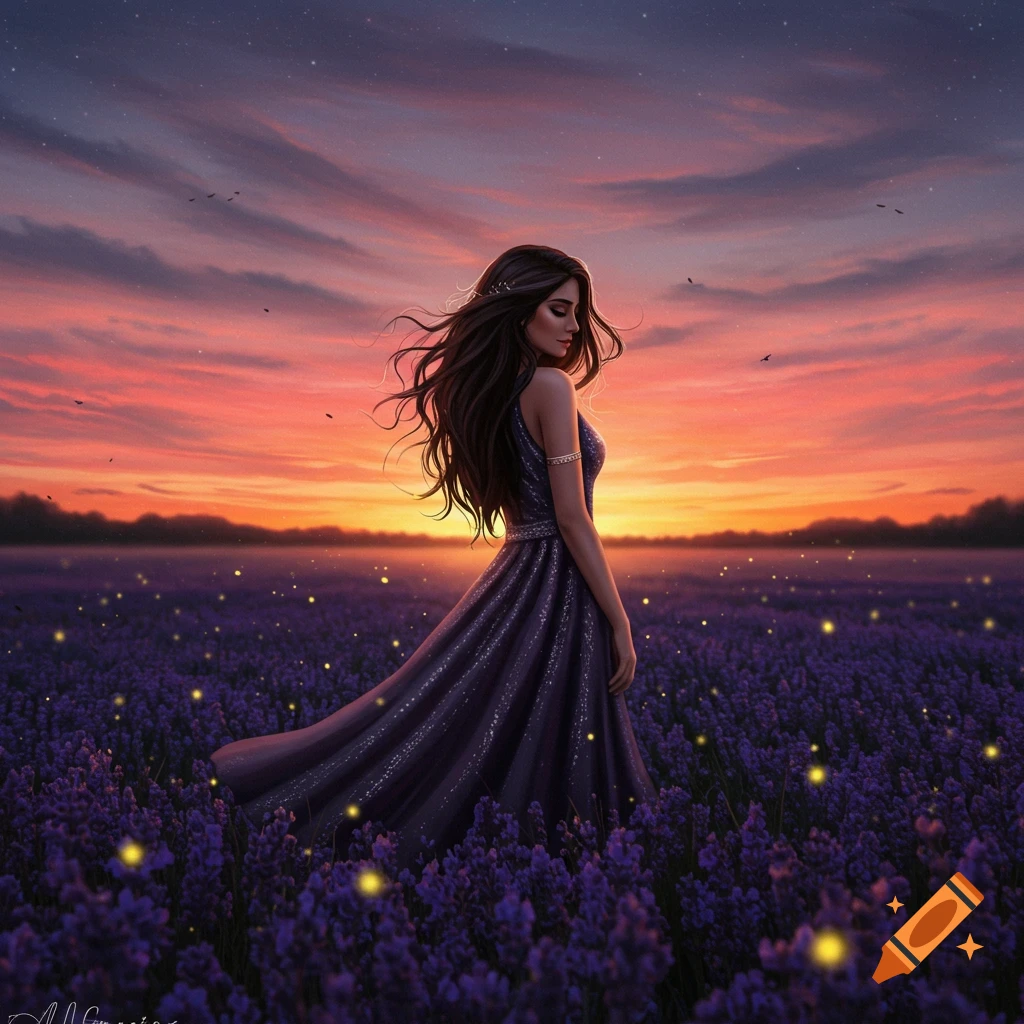 Digital art of a woman in a dark dress standing in a glowing lavender field at sunset, with an orange and pink sky.
