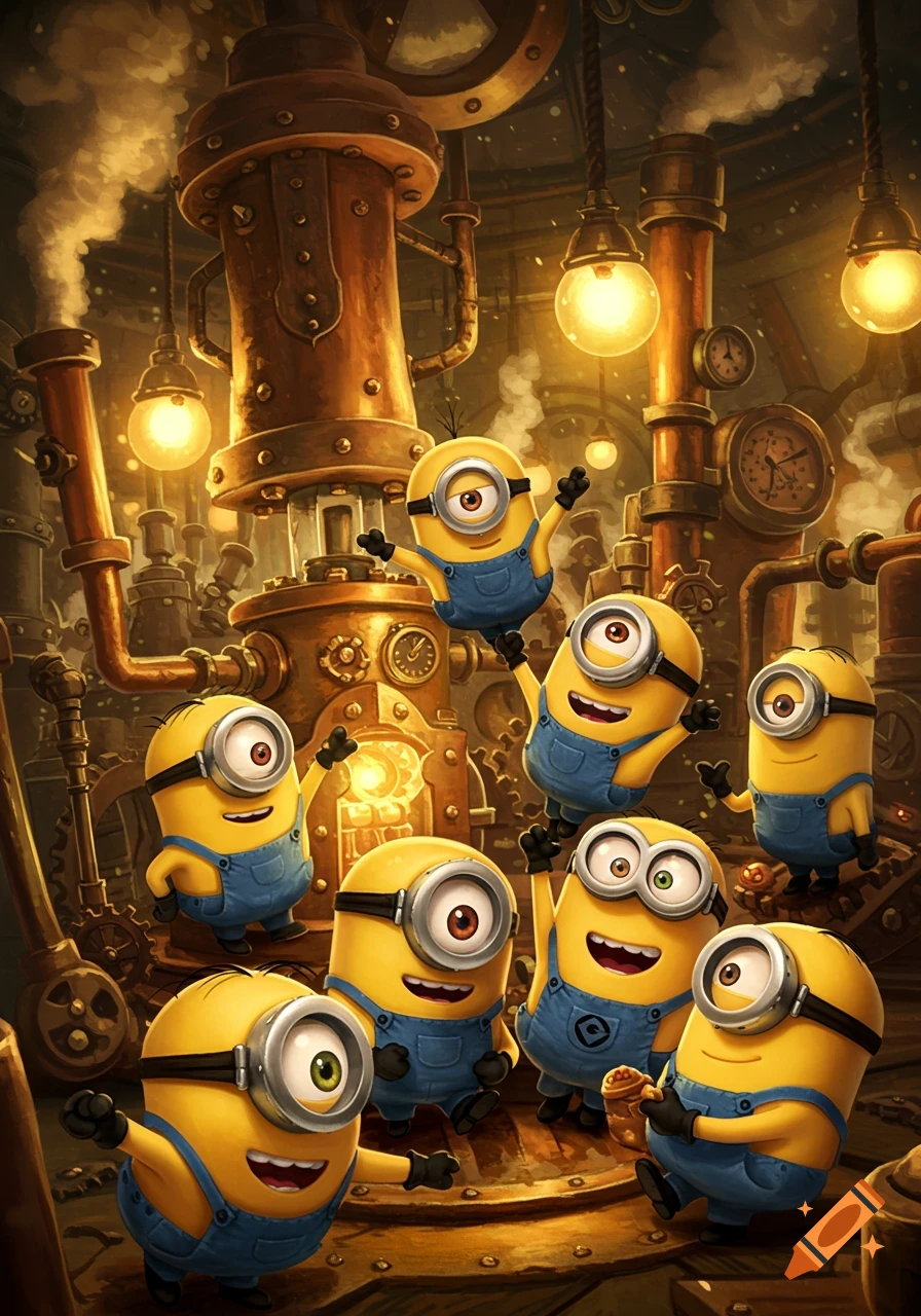 Multiple cartoon Minions smile and wave amidst a detailed steampunk factory filled with machinery and glowing lights.