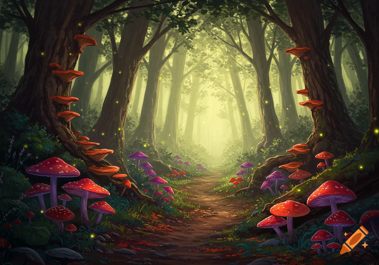 An illustrative fantasy forest with a winding path leading into a bright clearing, flanked by trees covered in red and orange shelf mushrooms and many colorful toadstools on the ground.