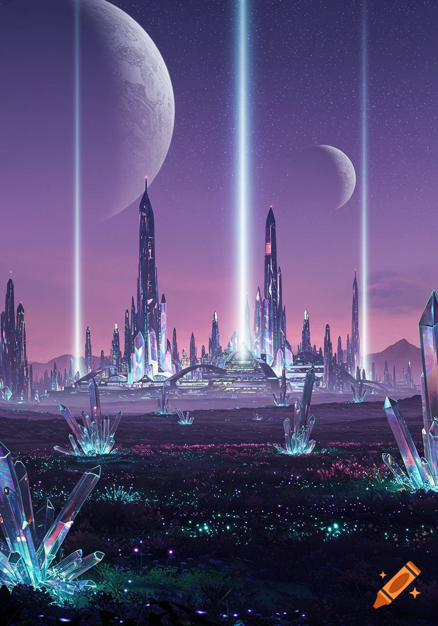 Vibrant sci-fi landscape with a crystalline alien city, glowing flora, and two moons in a purple, starry sky.
