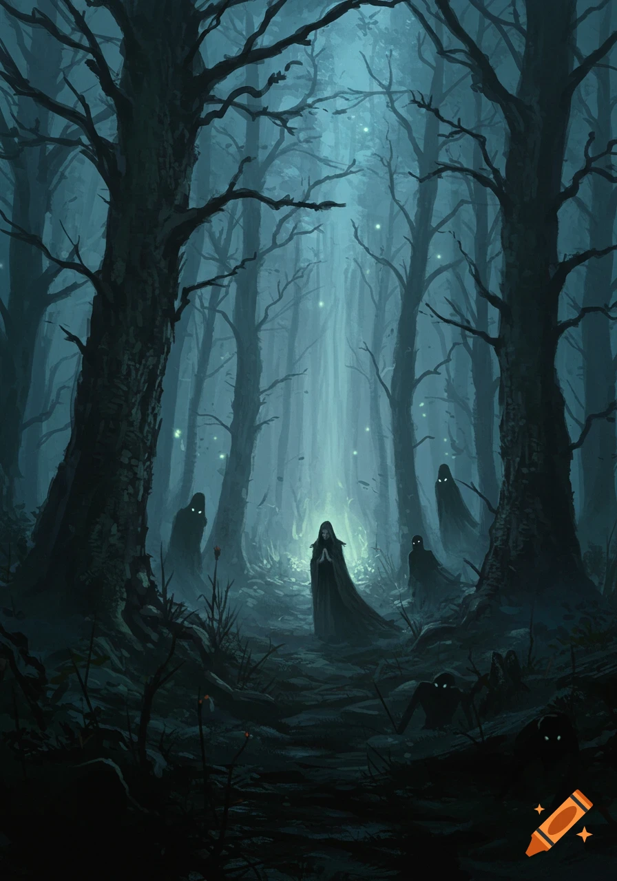 A gothic oil painting of a witch praying in a dark, misty forest, surrounded by shadowy figures and glowing lights.