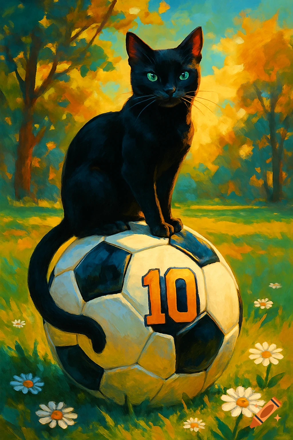 A painterly image of a black cat with green eyes sitting on a soccer ball with the number 10, in a sunlit grassy field with daisies and trees.
