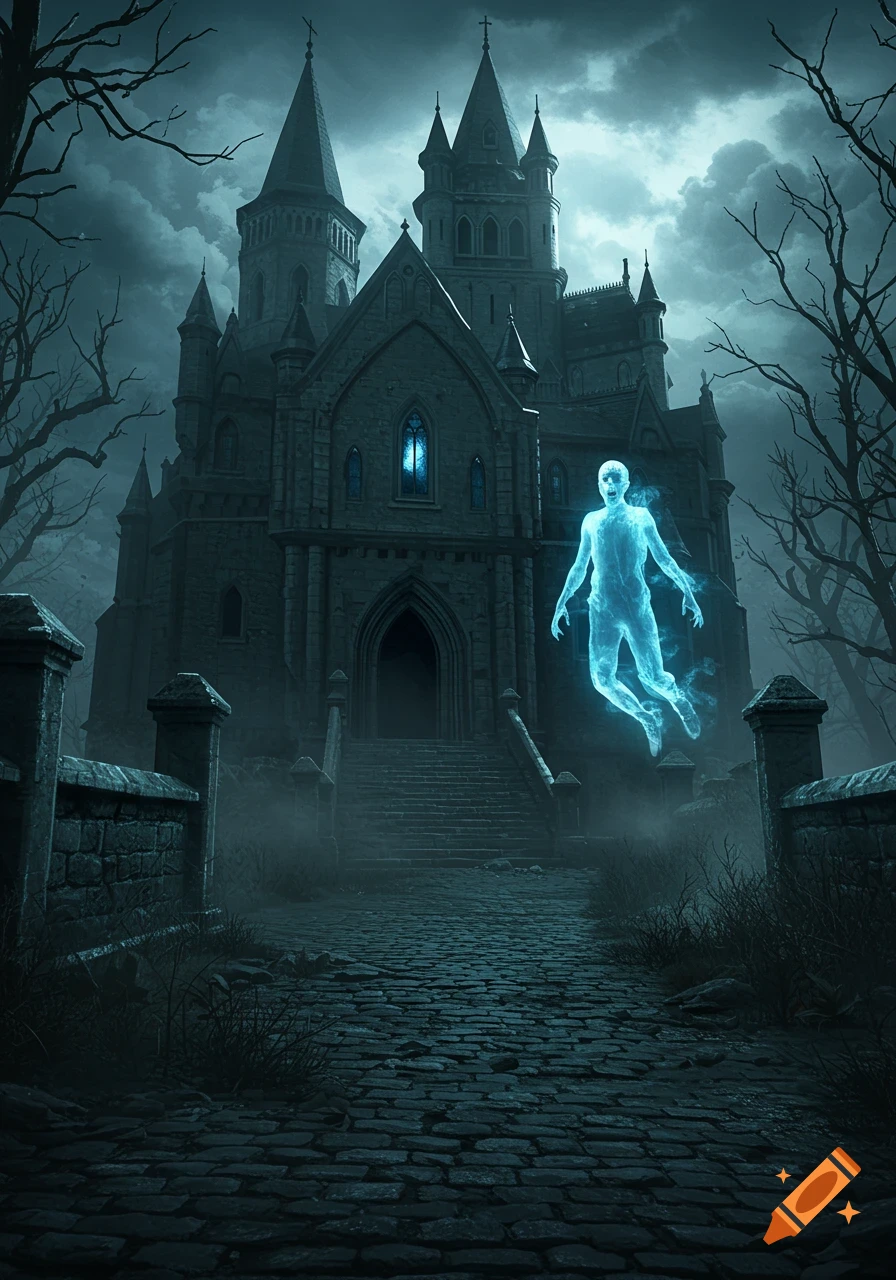 A glowing blue ghost floats above a cobblestone path leading to a dark, spooky gothic castle under a cloudy night sky.