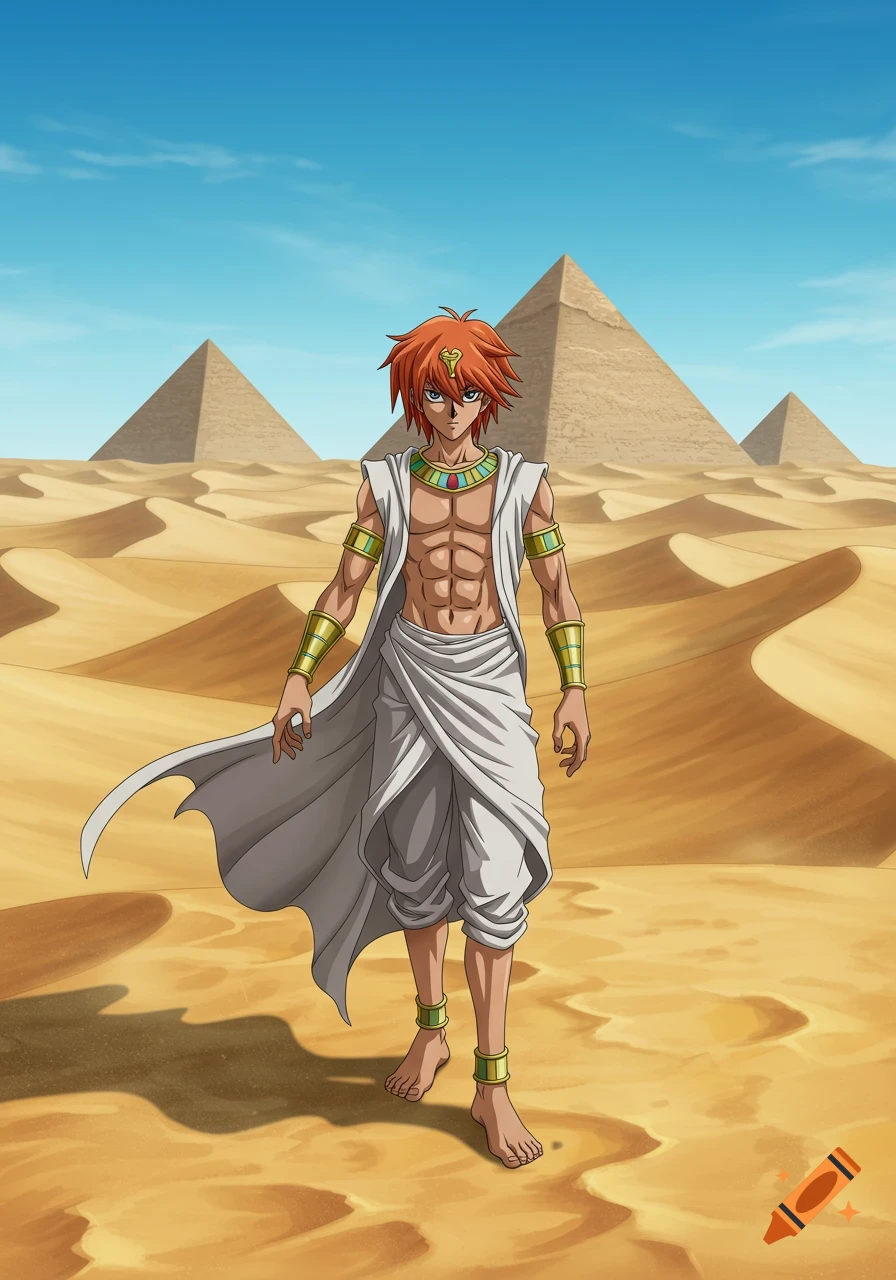 An anime-style male character with red-orange hair and white draped clothing stands bare-chested in a desert with pyramids.