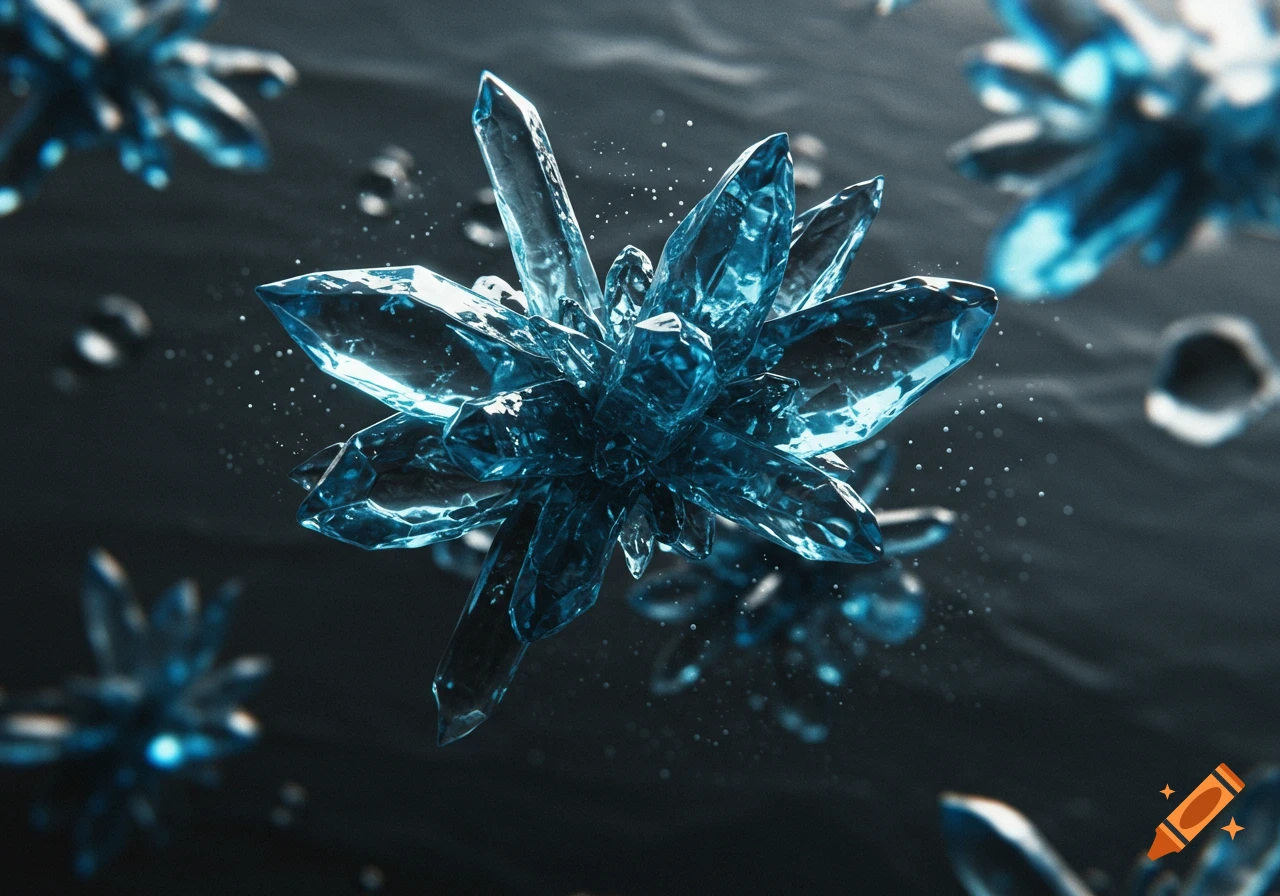 Vibrant blue crystalline structures float in an abstract dark background with shimmering light.