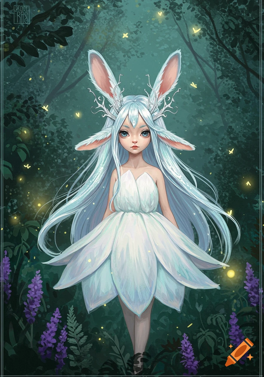 A fantasy bunny girl with pale blue hair, large ears, and antlers, in a white petal dress, standing in an enchanted forest with fireflies.