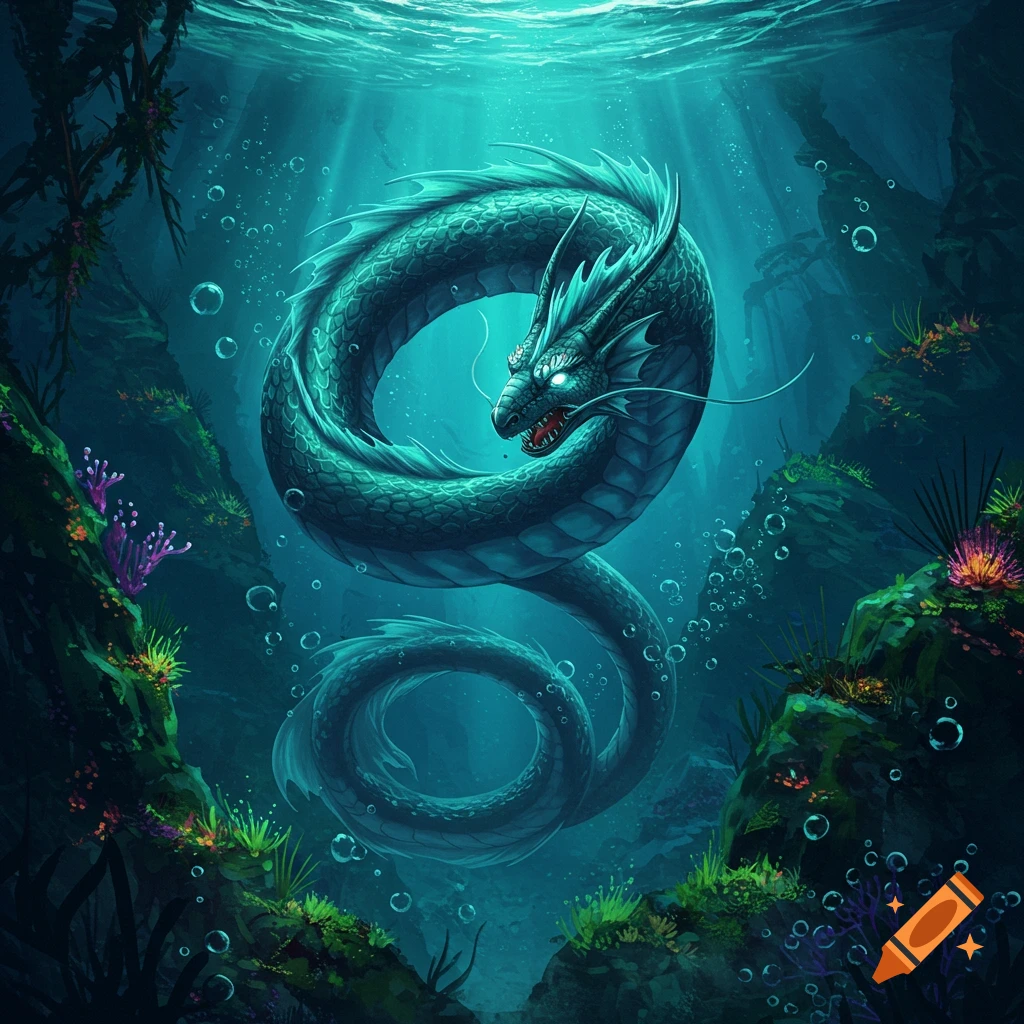 A majestic green-blue serpentine dragon with glowing eyes coils amidst vibrant coral and light rays in a deep underwater fantasy scene.