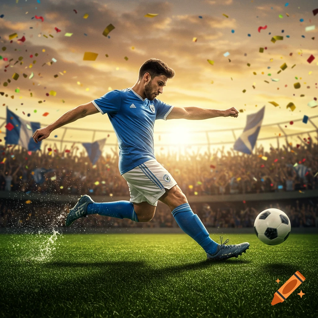 Photorealistic soccer player in a blue uniform kicking a ball on a stadium field with confetti during sunset.