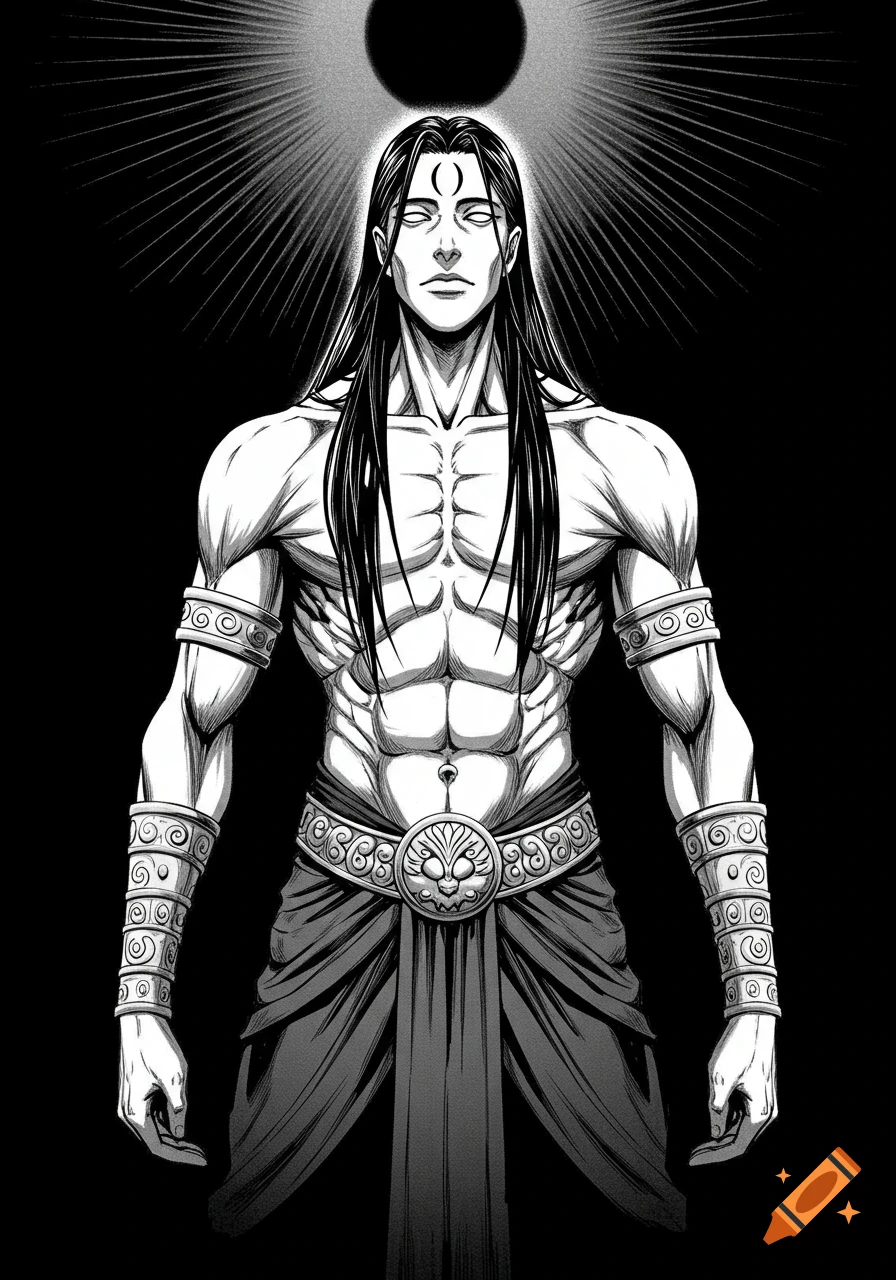A powerful, long-haired godlike figure with glowing eyes, bare muscular torso, and ancient armbands, manga style.