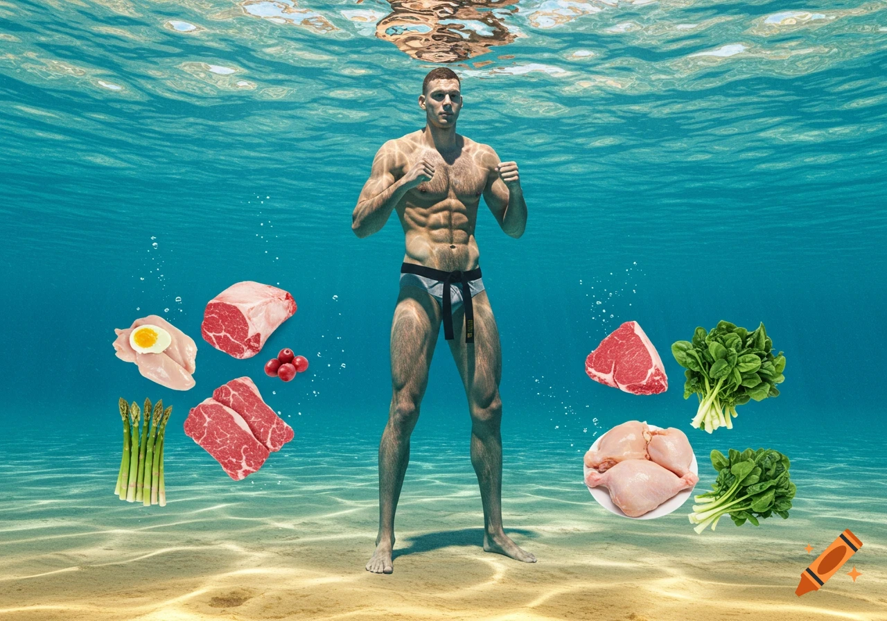 A muscular man in a karate fighting stance underwater, surrounded by raw beef, chicken, egg, asparagus, spinach, and cranberries.