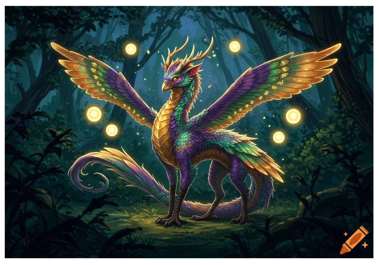 A vibrant, winged fantasy creature with golden scales and green and purple feathers stands in a mystical dark forest with glowing orbs.