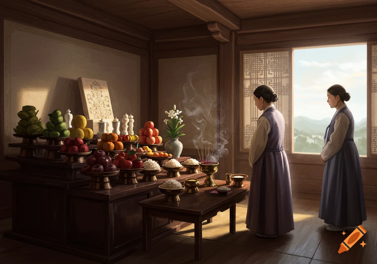 Two women in traditional Korean hanbok perform a Jesa ritual with many food offerings and incense in a traditional wooden room overlooking mountains.