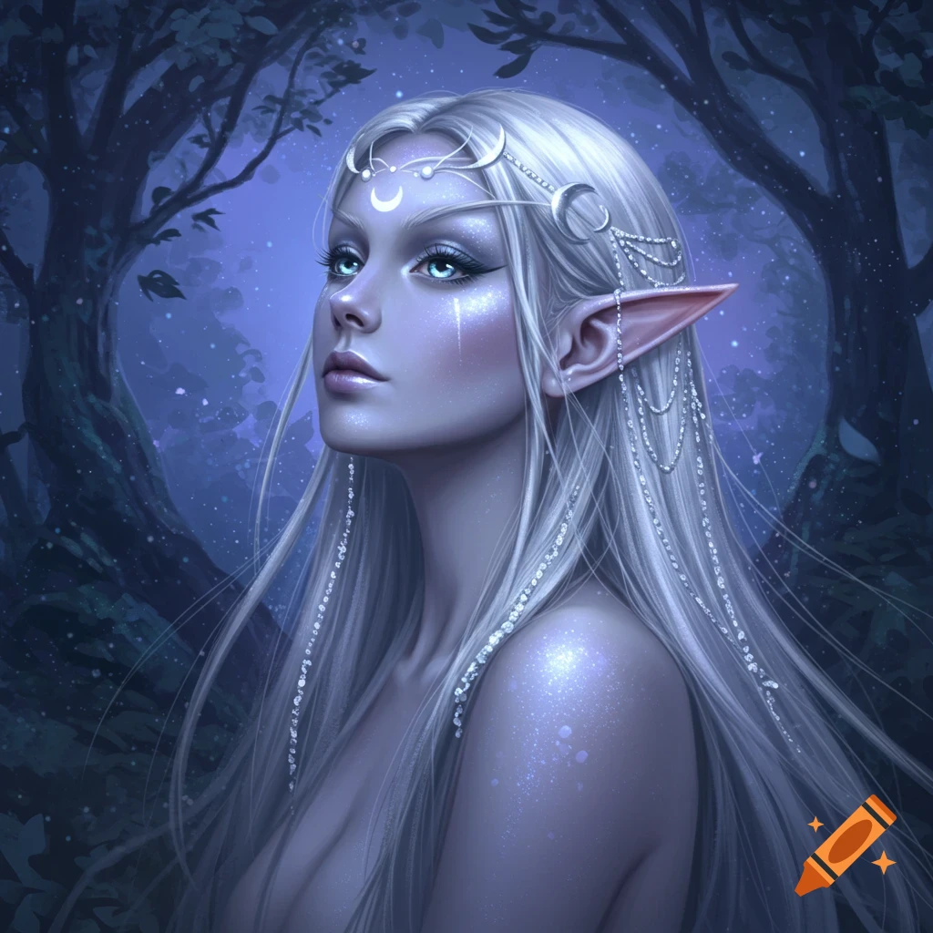 Digital painting of a beautiful lunar elf with long white hair, blue eyes, and a moon headpiece in a mystical forest.