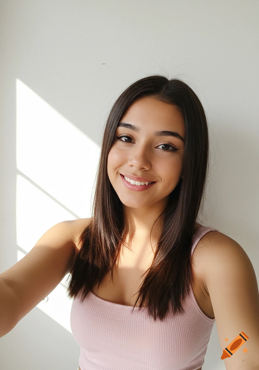 A young Hispanic woman with long dark hair smiles at the camera, taking a selfie in natural sunlight.