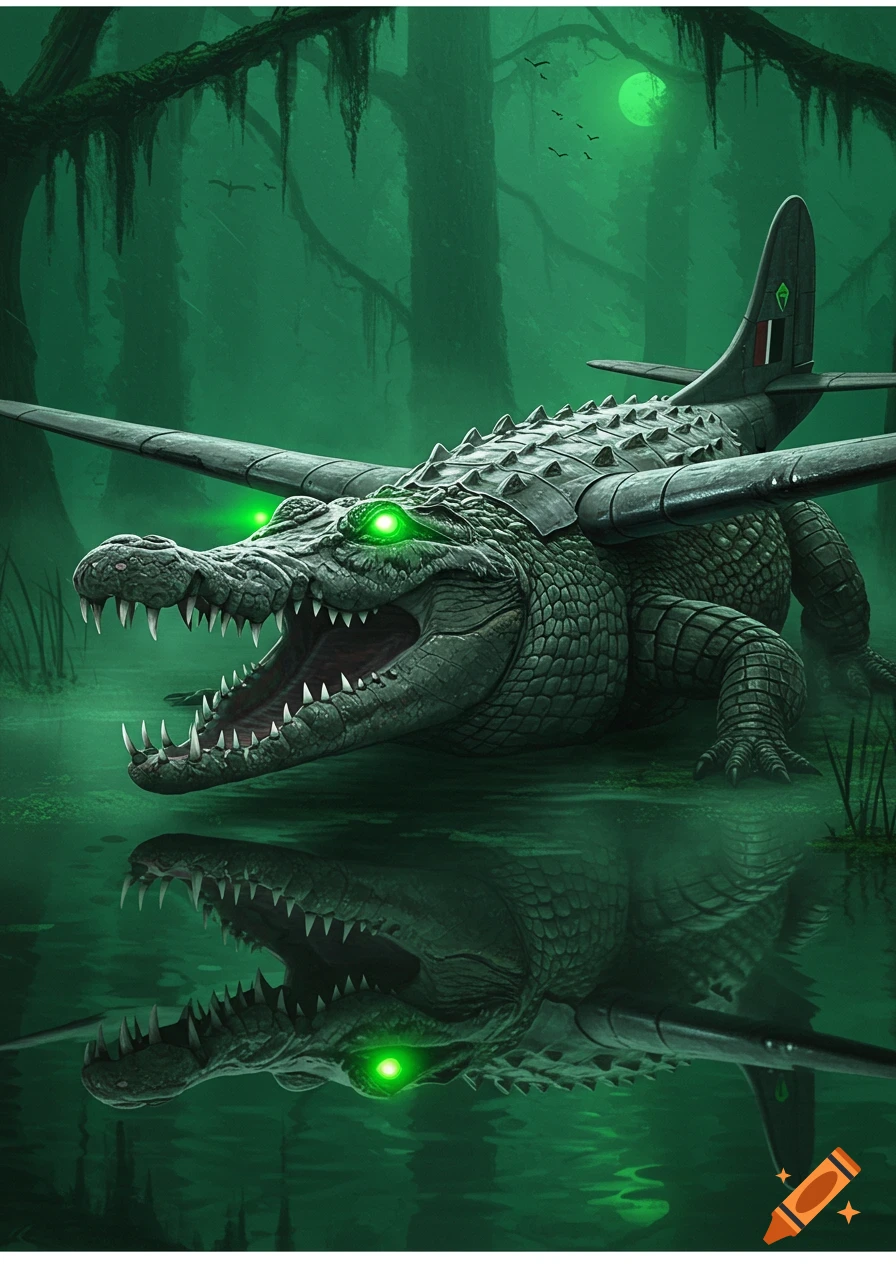 A ferocious crocodile-plane hybrid with glowing green eyes crouches in a dark, misty swamp under a green moon. Stylized.