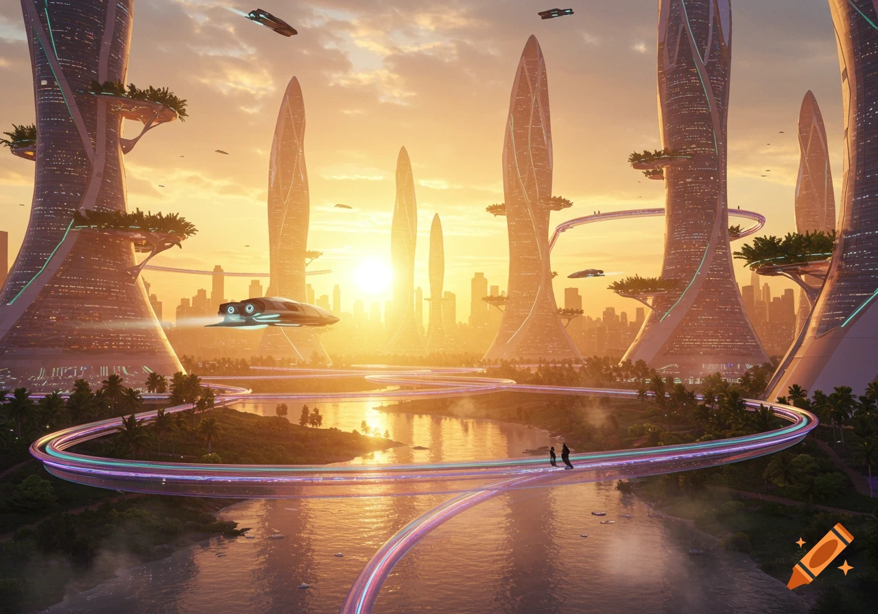 A vibrant futuristic cityscape at sunrise, with tall, organic-shaped buildings, flying vehicles, and glowing pathways over water.