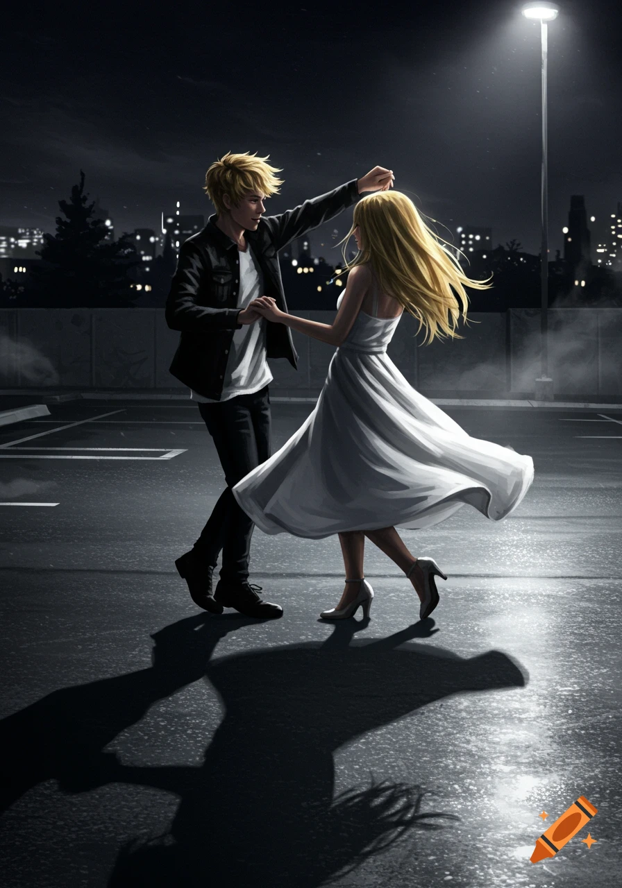 An illustrated blonde man and woman dancing in a dark parking lot under a streetlamp at night.