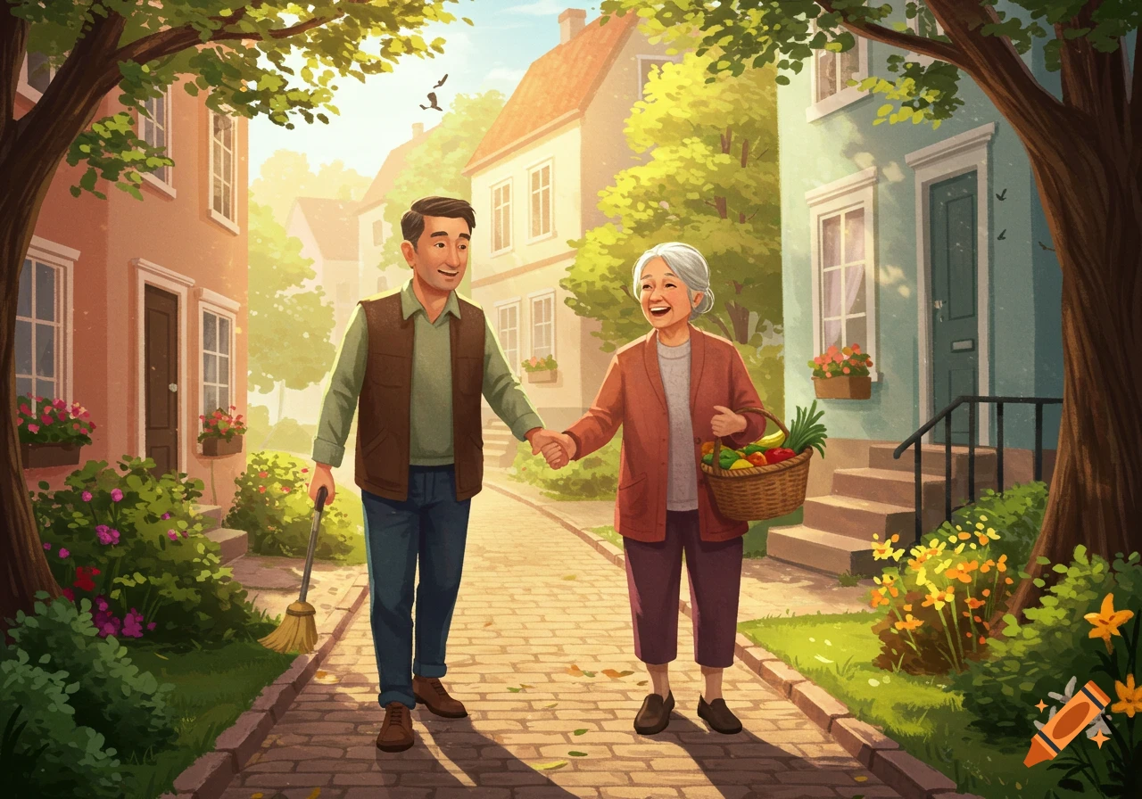 An older man with a broom and woman with a vegetable basket walk hand-in-hand down a quaint, tree-lined village street, sunny illustration.
