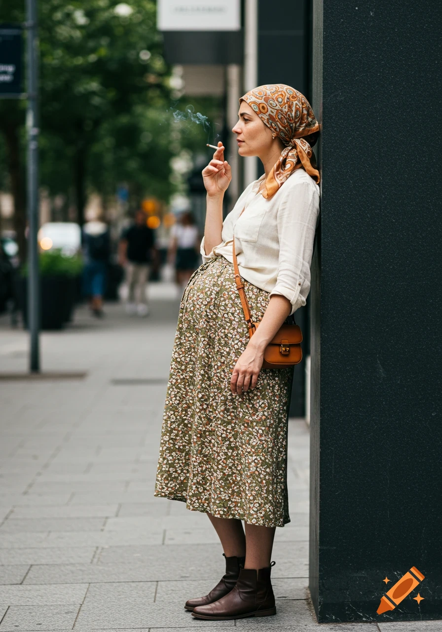 A pregnant woman in a headscarf and floral skirt smokes a cigarette on an urban sidewalk.