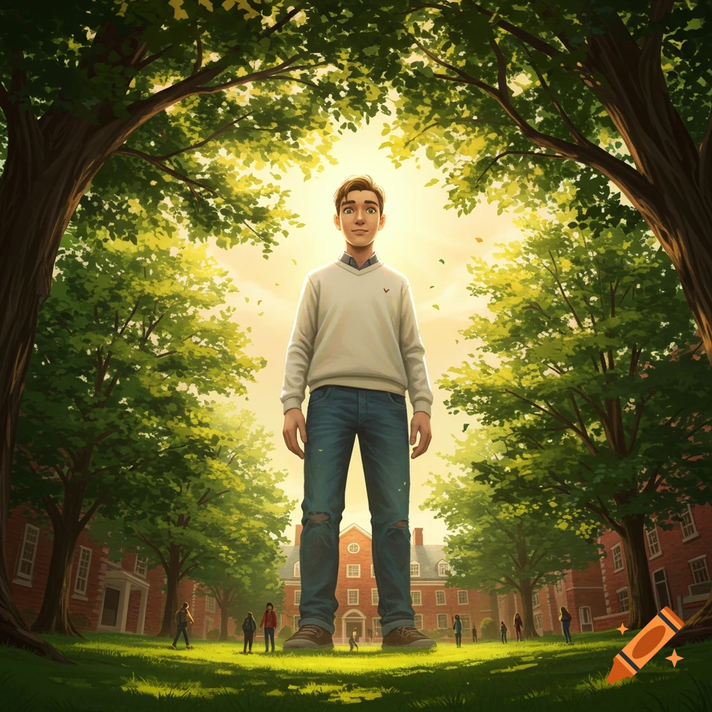 An illustration of a giant college man standing among large trees on a sunny college campus, with small people and brick buildings in the background.
